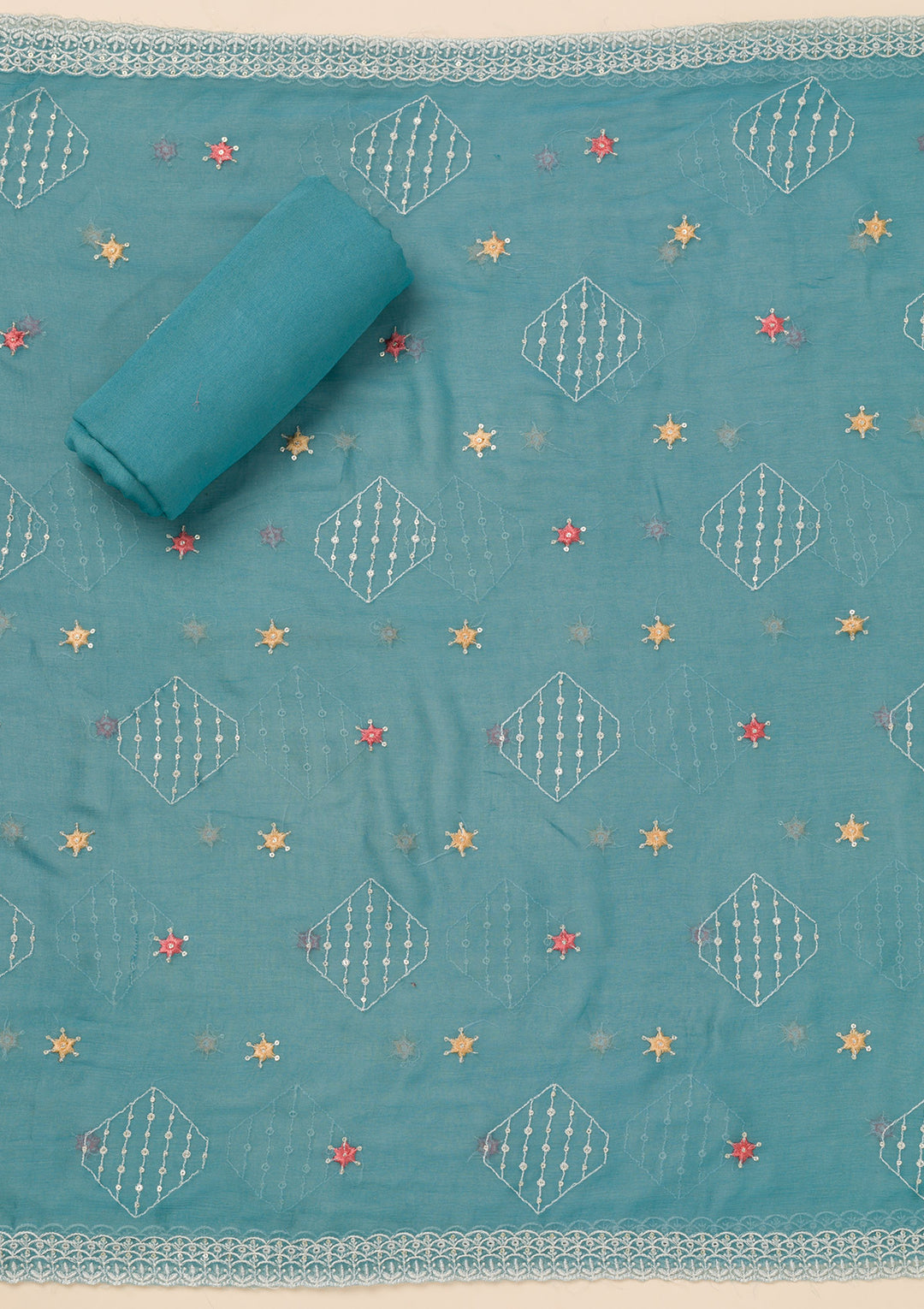 Sky Blue Threadwork Organza Unstitched Salwar Suit