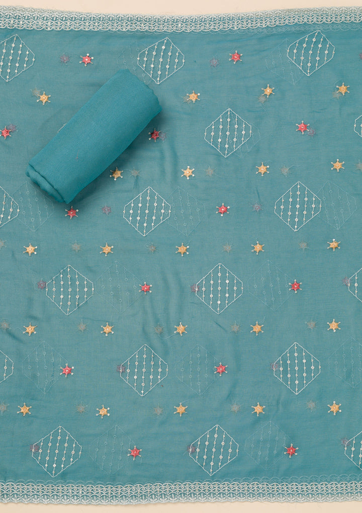 Sky Blue Threadwork Organza Unstitched Salwar Suit