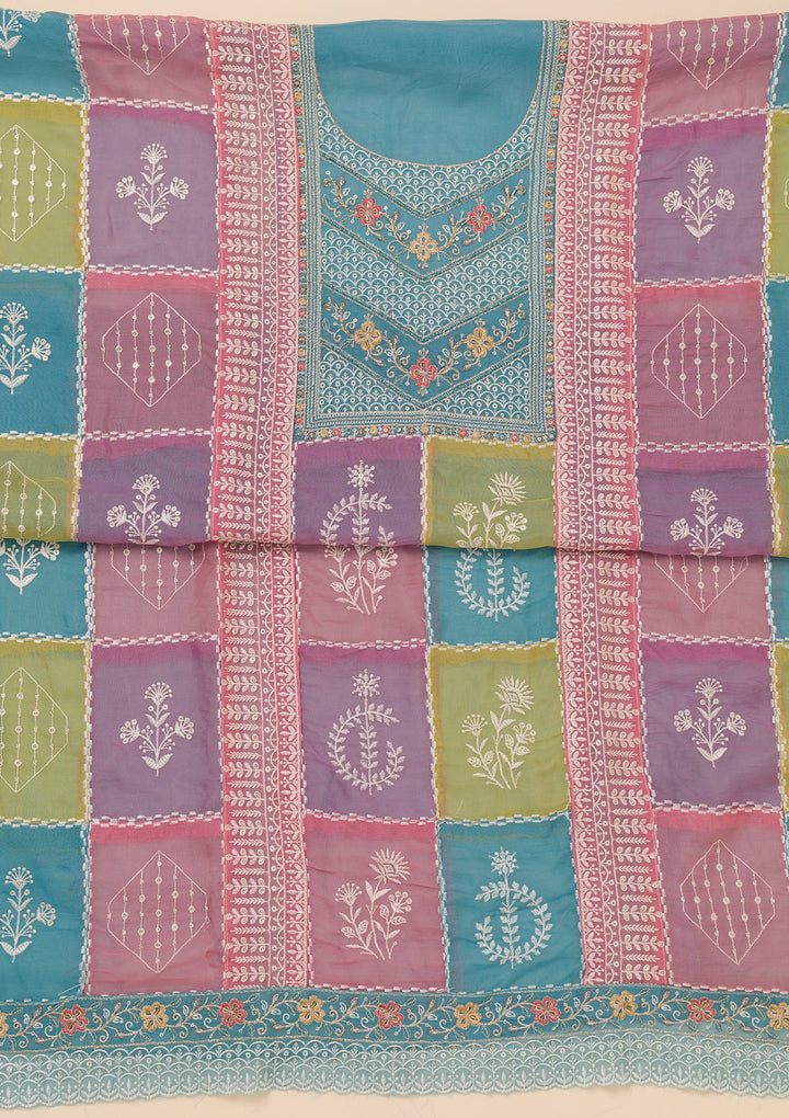 Sky Blue Threadwork Organza Unstitched Salwar Suit