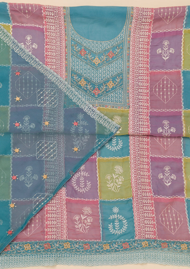 Sky Blue Threadwork Organza Unstitched Salwar Suit