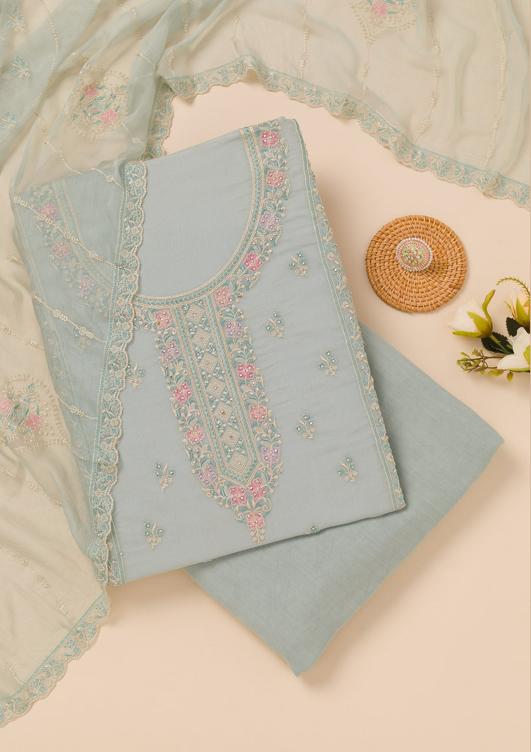 Sky Blue Zariwork Georgette Unstitched Salwar Suit