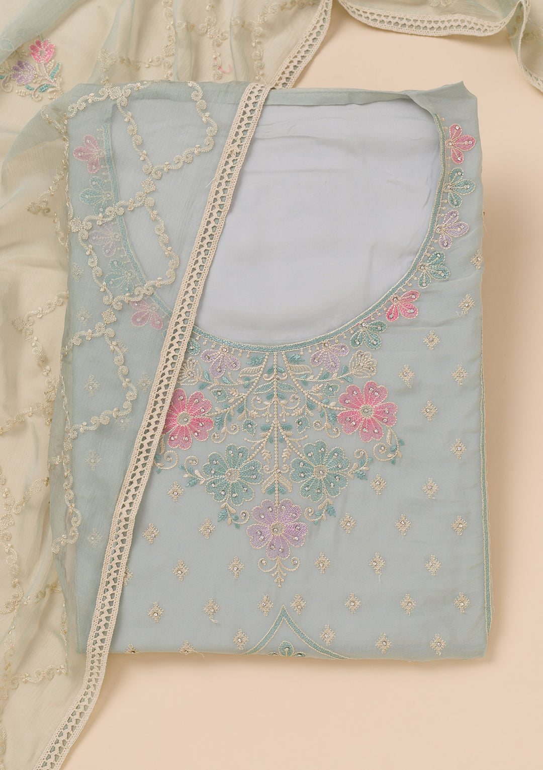 Sky Blue Zariwork Georgette Unstitched Salwar Suit