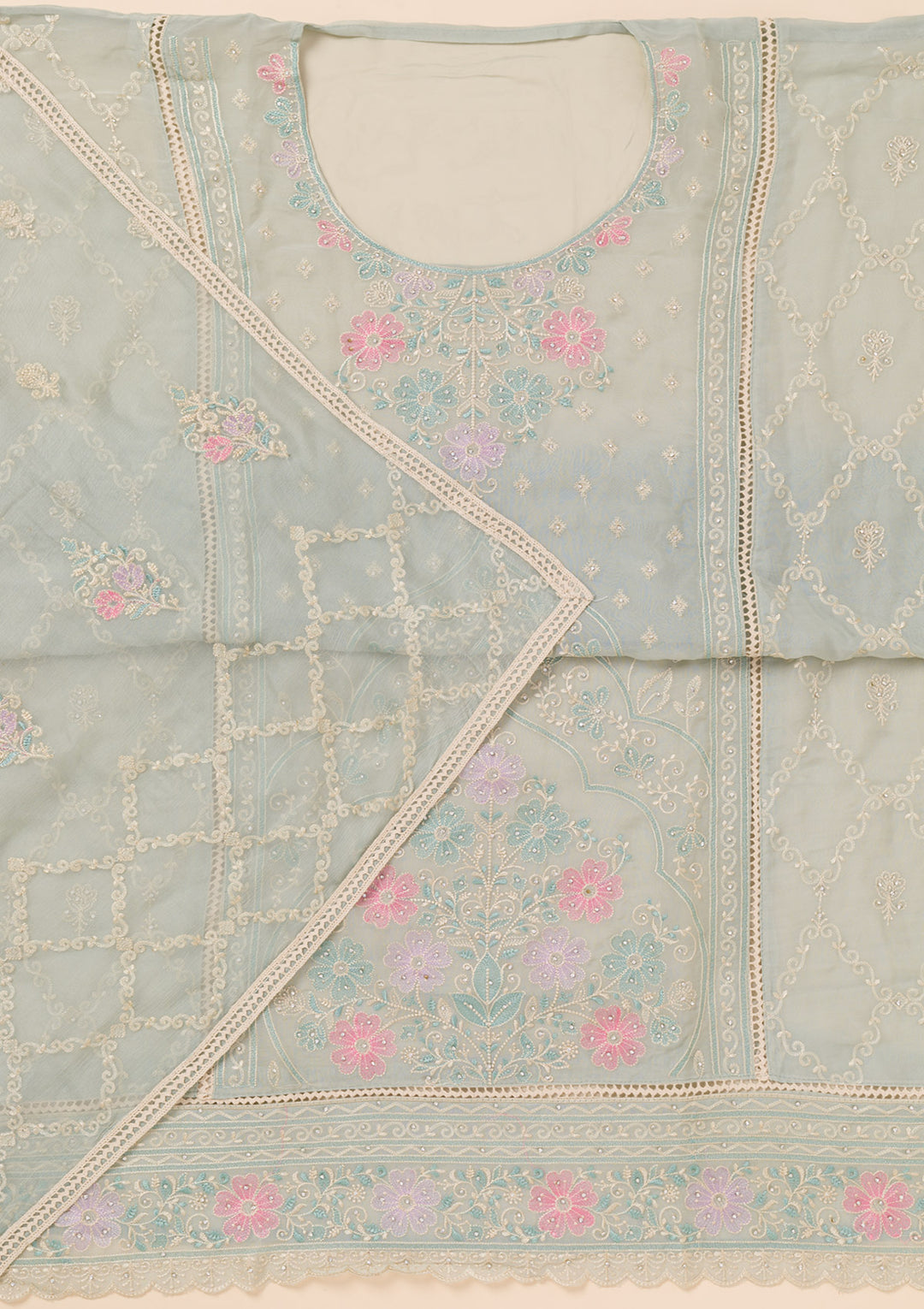 Sky Blue Zariwork Georgette Unstitched Salwar Suit