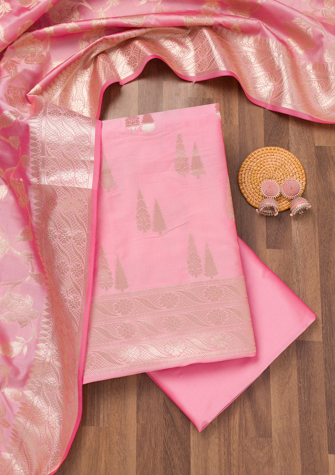 Baby Pink Zariwork Banarasi Unstitched Salwar Suit