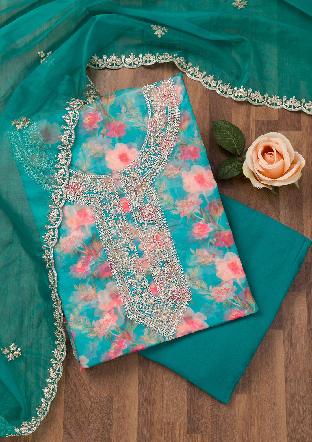 Turquoise Blue Printed Organza Unstitched Salwar Suit