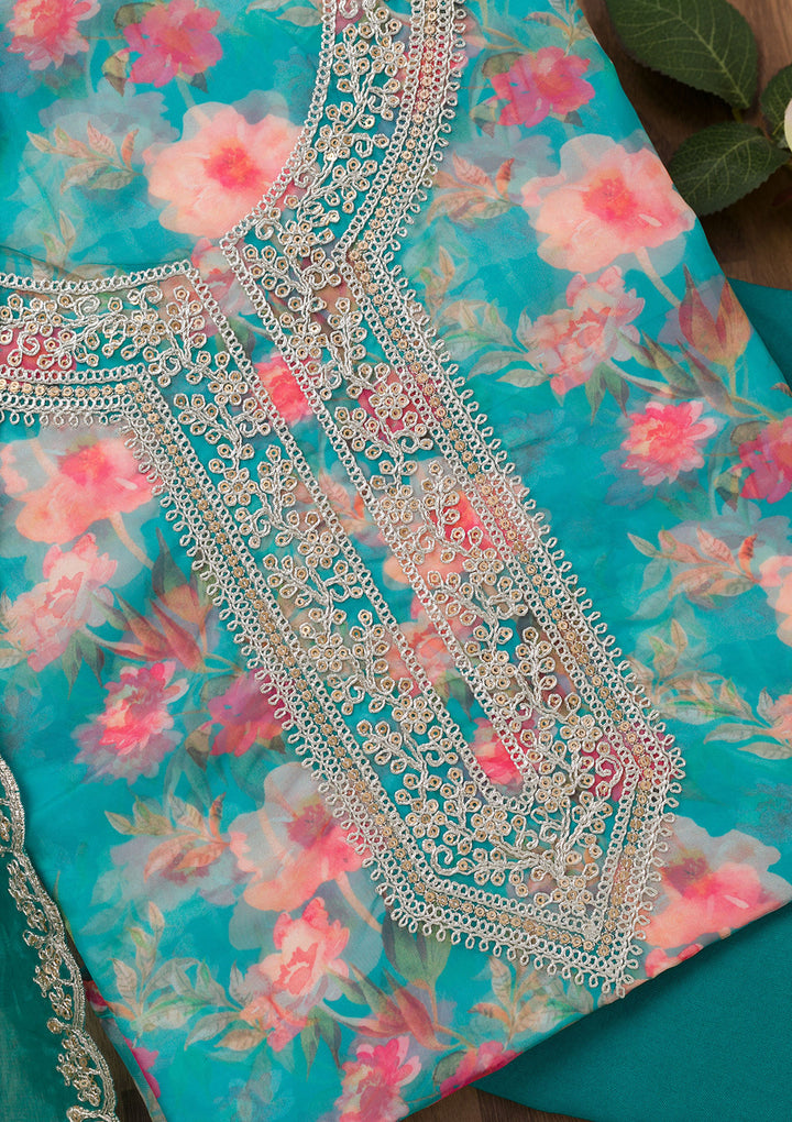 Turquoise Blue Printed Organza Unstitched Salwar Suit