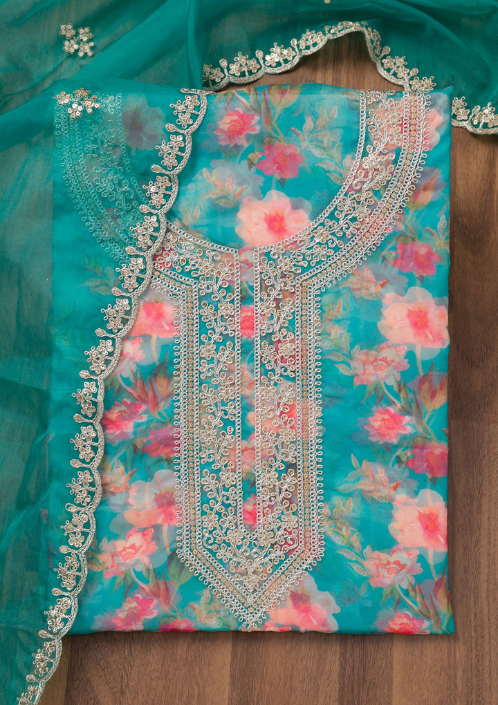 Turquoise Blue Printed Organza Unstitched Salwar Suit