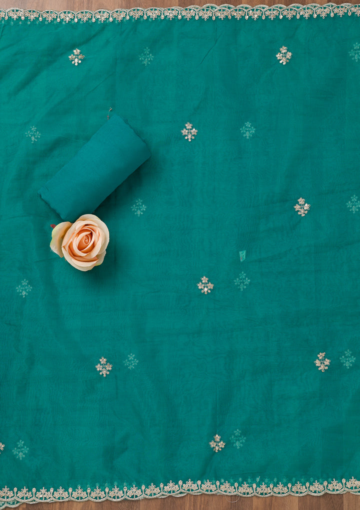 Turquoise Blue Printed Organza Unstitched Salwar Suit