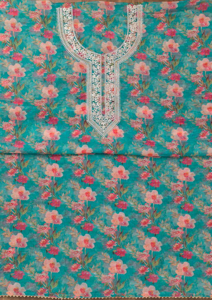 Turquoise Blue Printed Organza Unstitched Salwar Suit