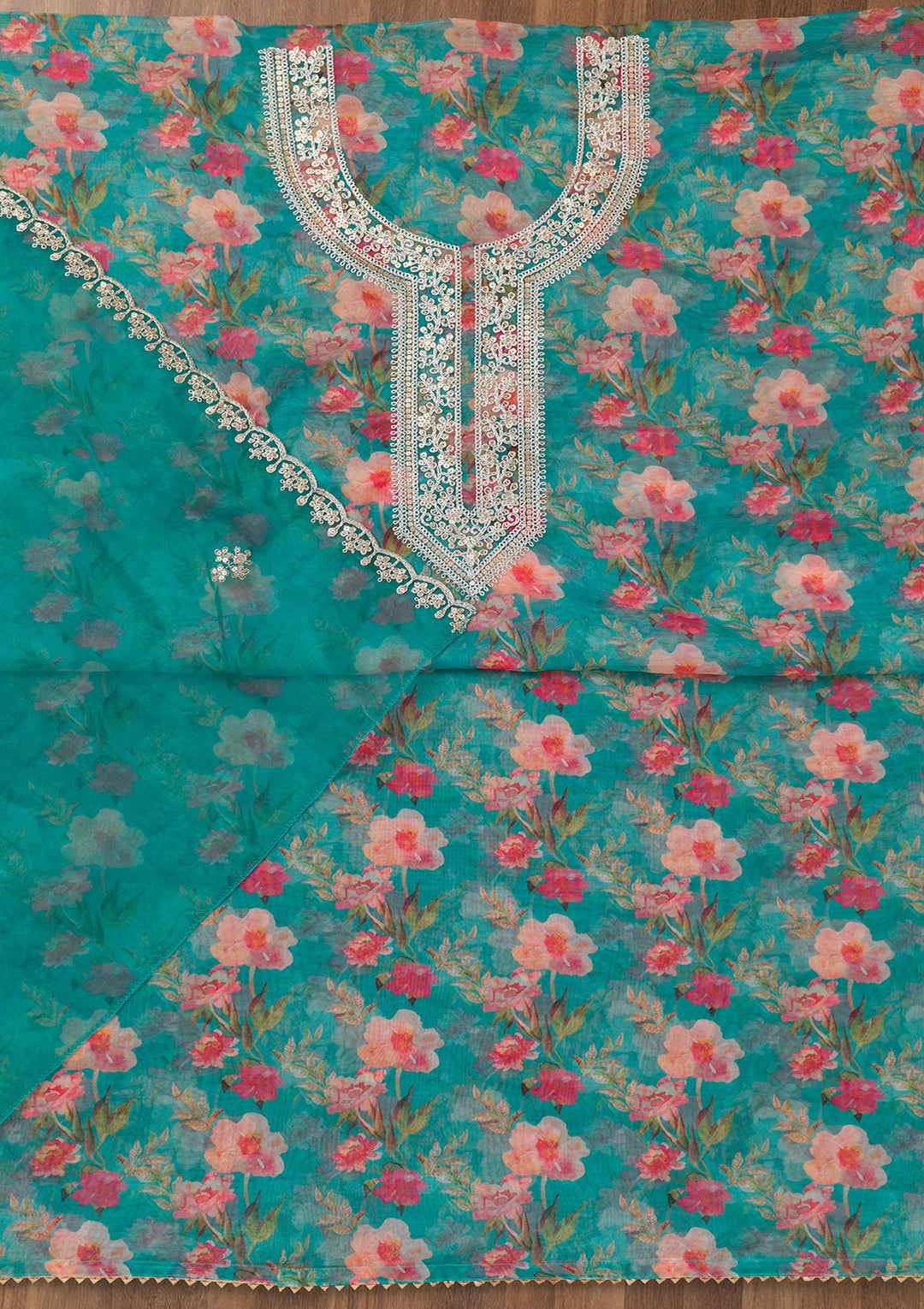 Turquoise Blue Printed Organza Unstitched Salwar Suit