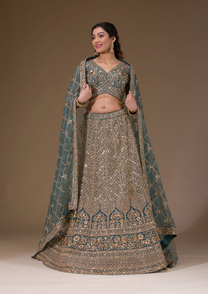 Turquoise Blue Sequins Net Readymade Lehenga