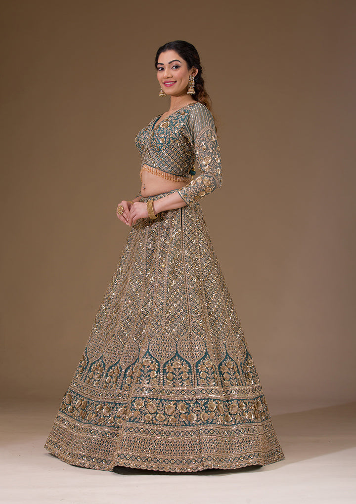 Turquoise Blue Sequins Net Readymade Lehenga