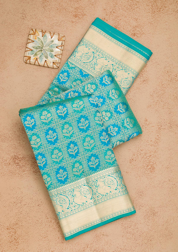 Turquoise Blue Zariwork Pure Silk Saree