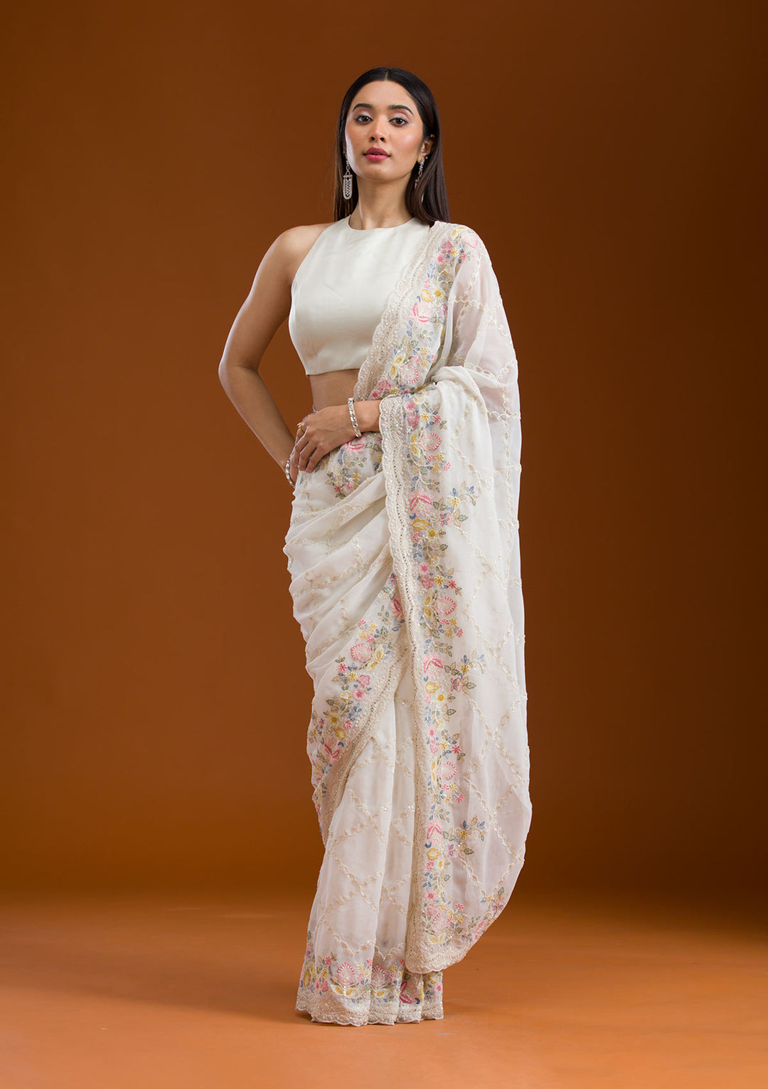 White Stonework Tissue Saree