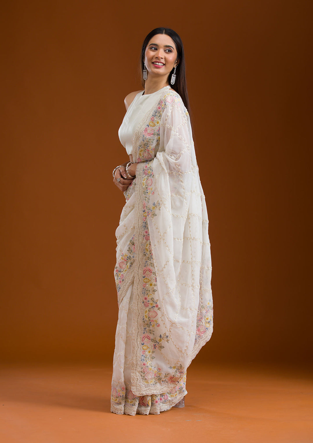 White Stonework Tissue Saree
