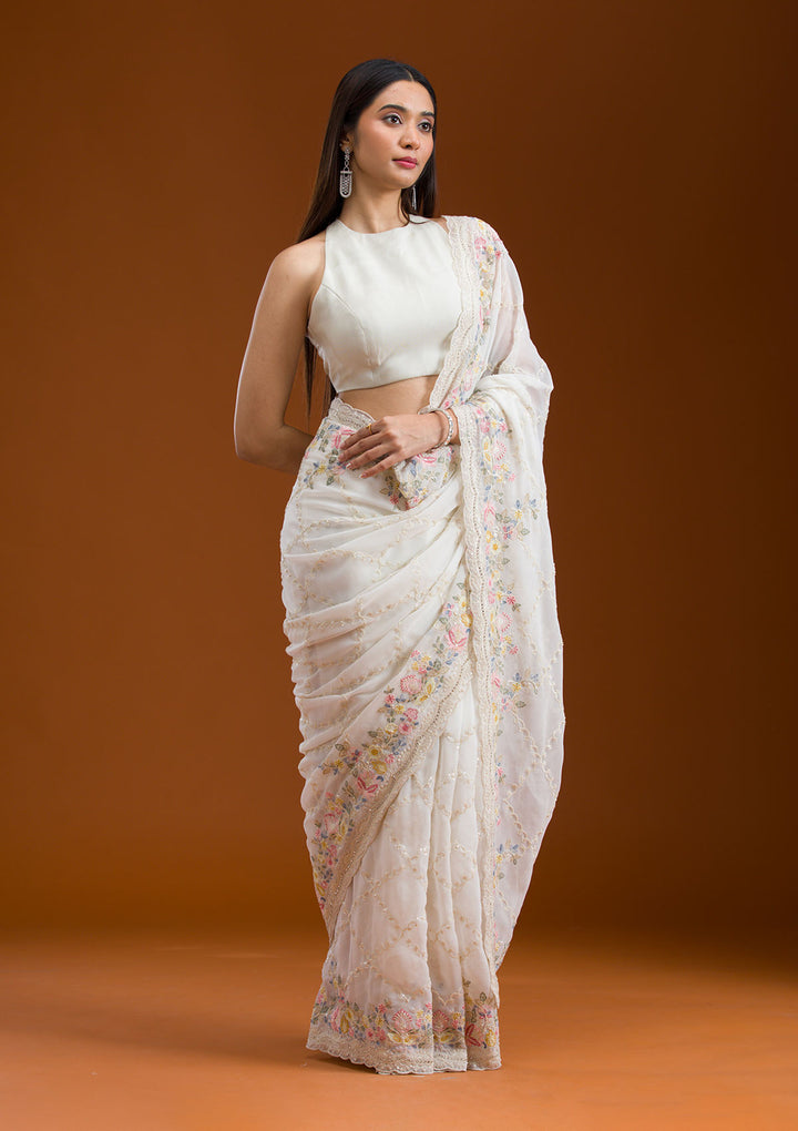 White Stonework Tissue Saree