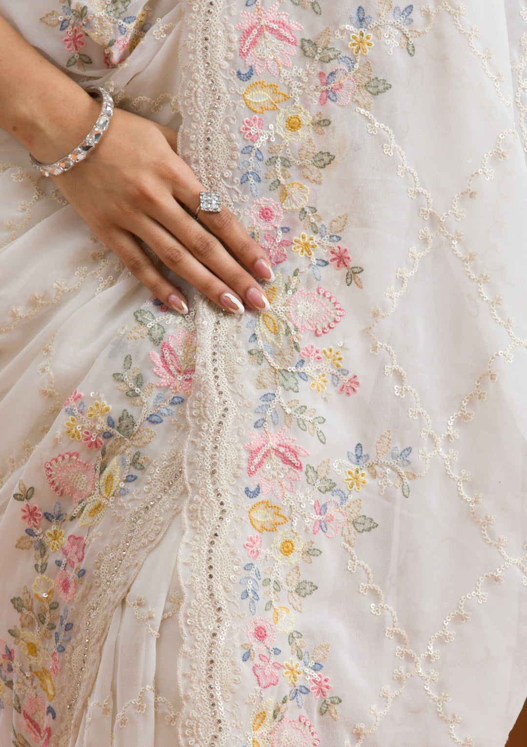 White Stonework Tissue Saree