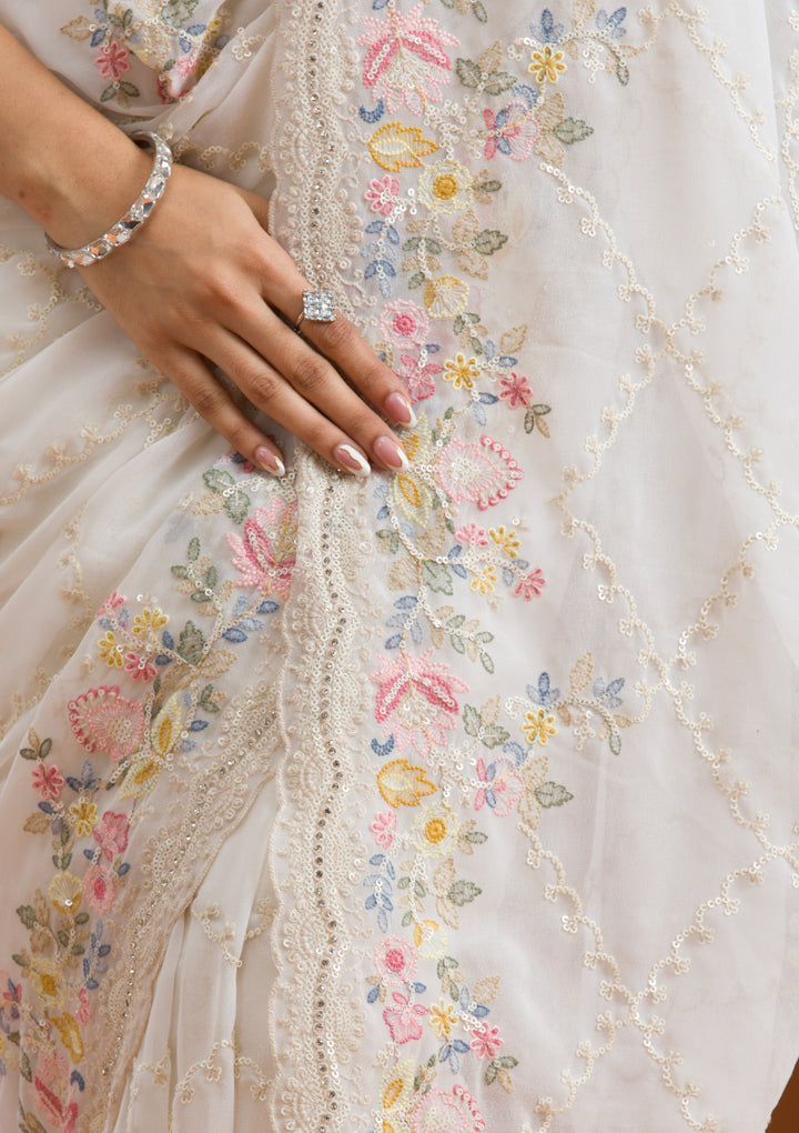 White Stonework Tissue Saree