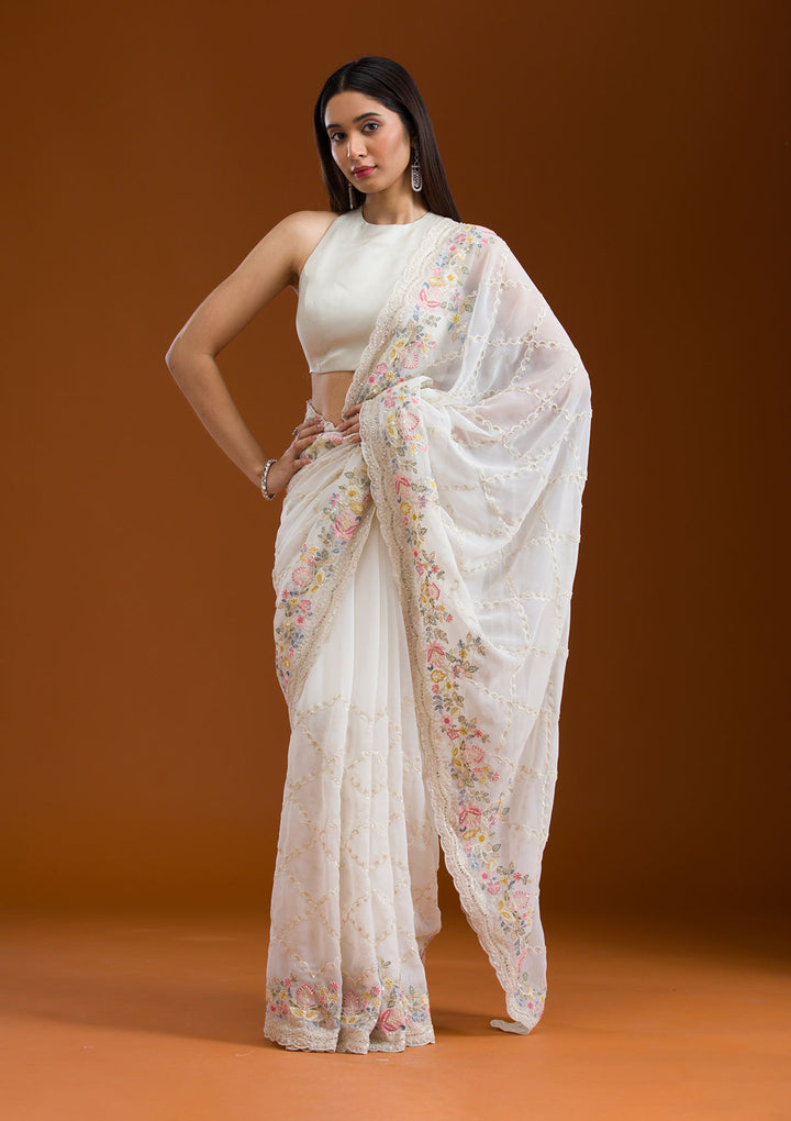 White Stonework Tissue Saree