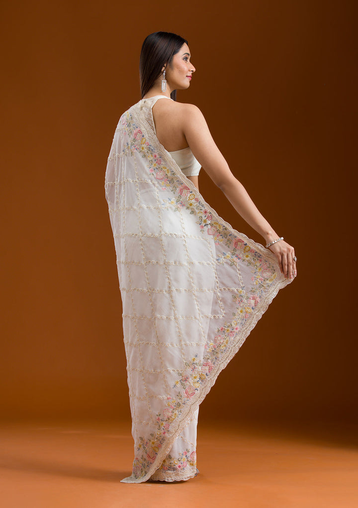 White Stonework Tissue Saree