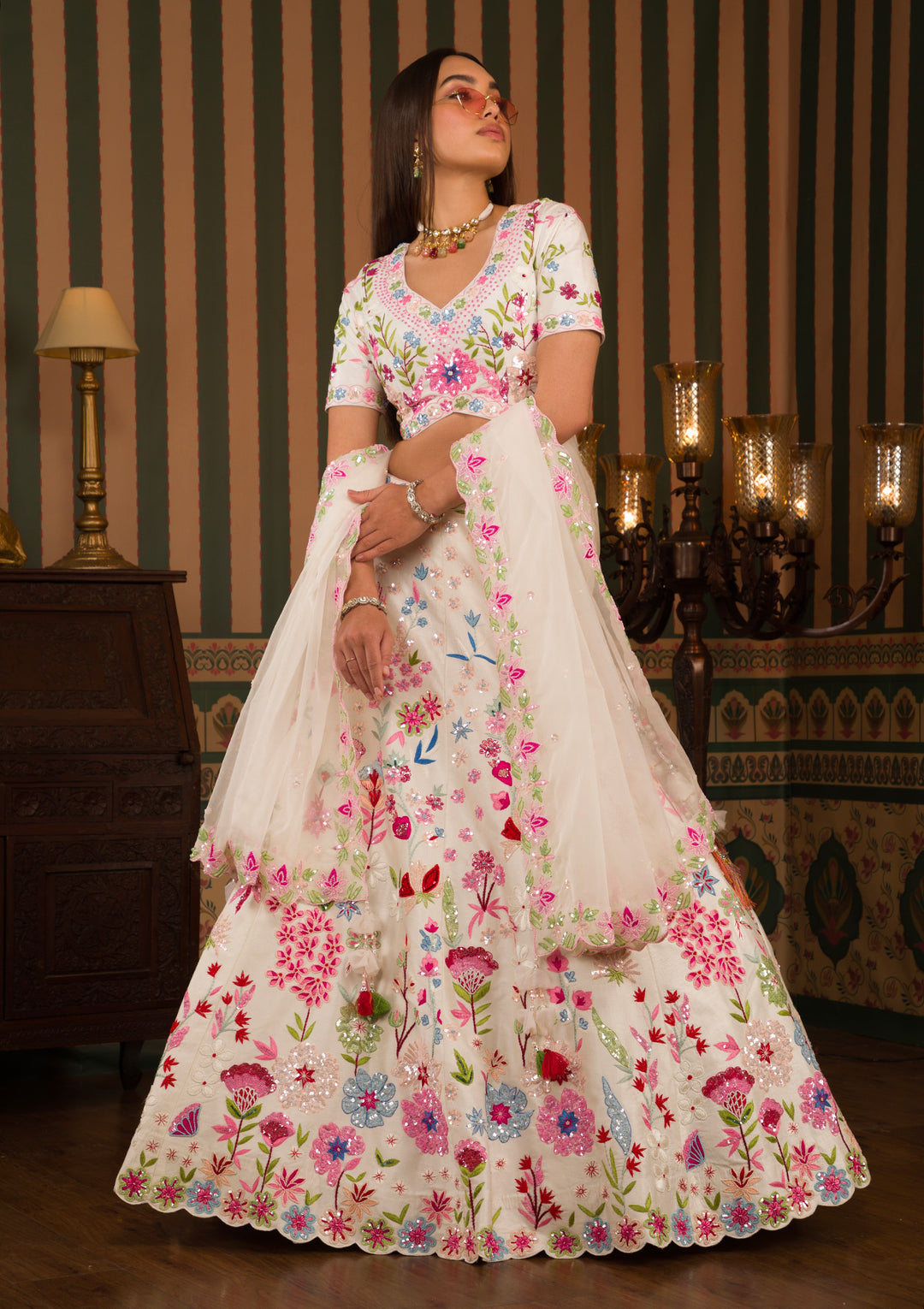 White Threadwork Raw Silk Readymade Lehenga