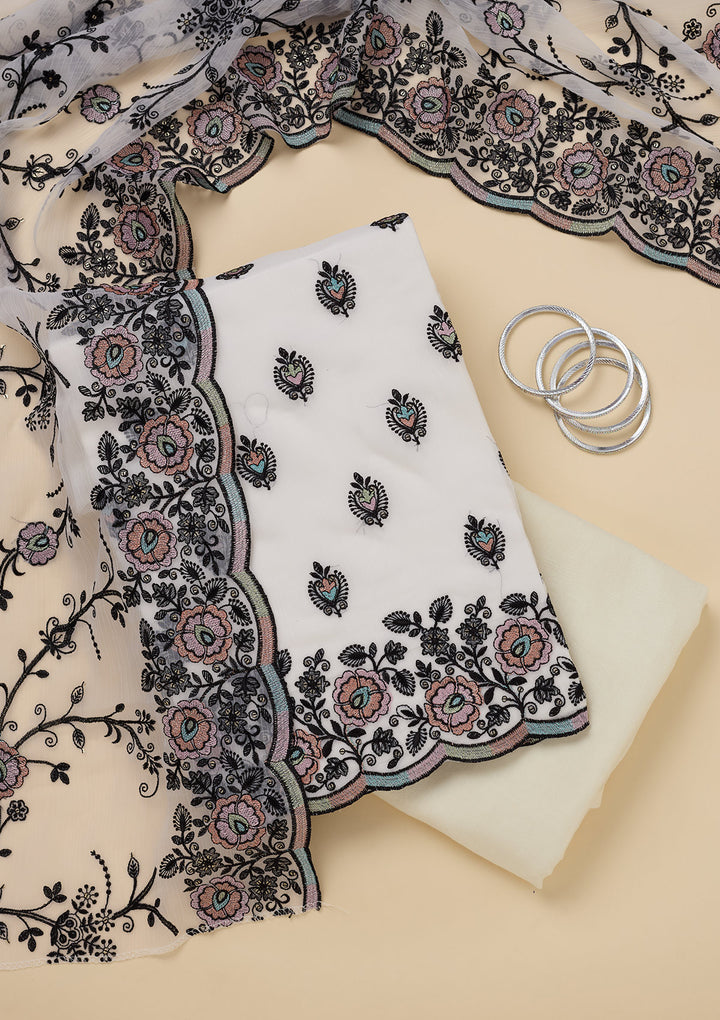 White Threadwork Semi Crepe Unstitched Salwar Suit