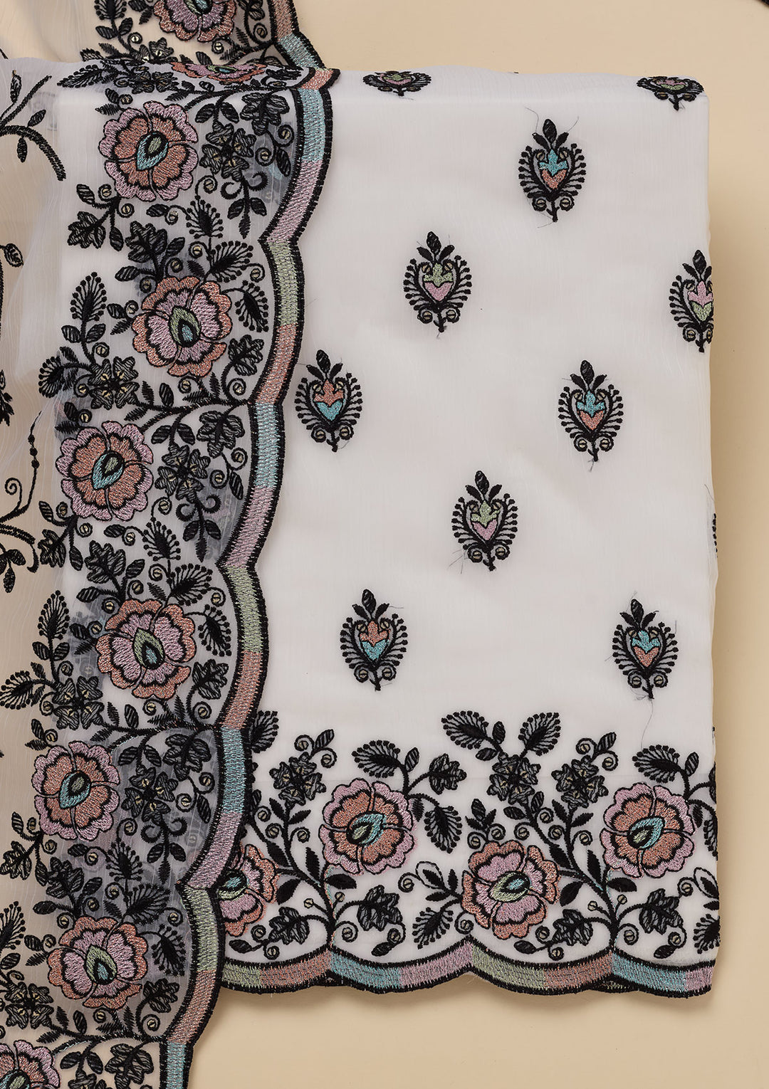 White Threadwork Semi Crepe Unstitched Salwar Suit