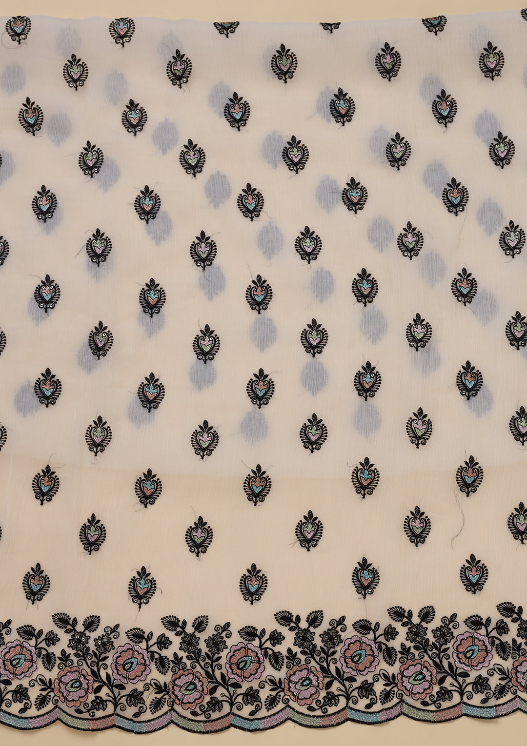 White Threadwork Semi Crepe Unstitched Salwar Suit