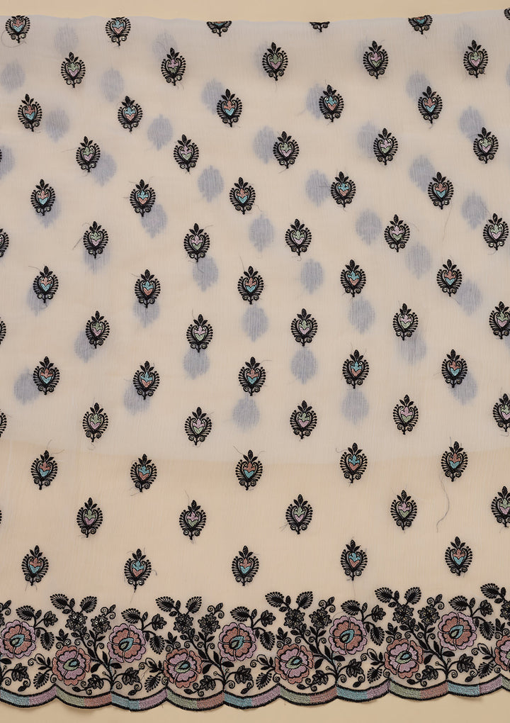 White Threadwork Semi Crepe Unstitched Salwar Suit
