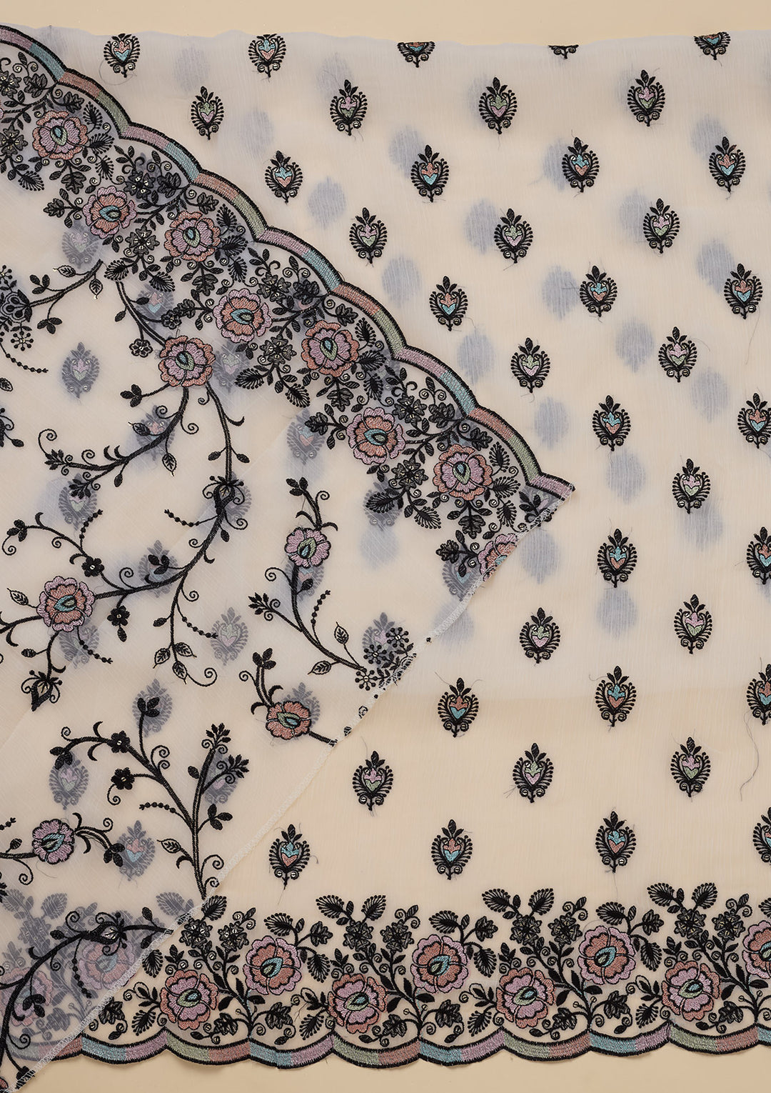 White Threadwork Semi Crepe Unstitched Salwar Suit