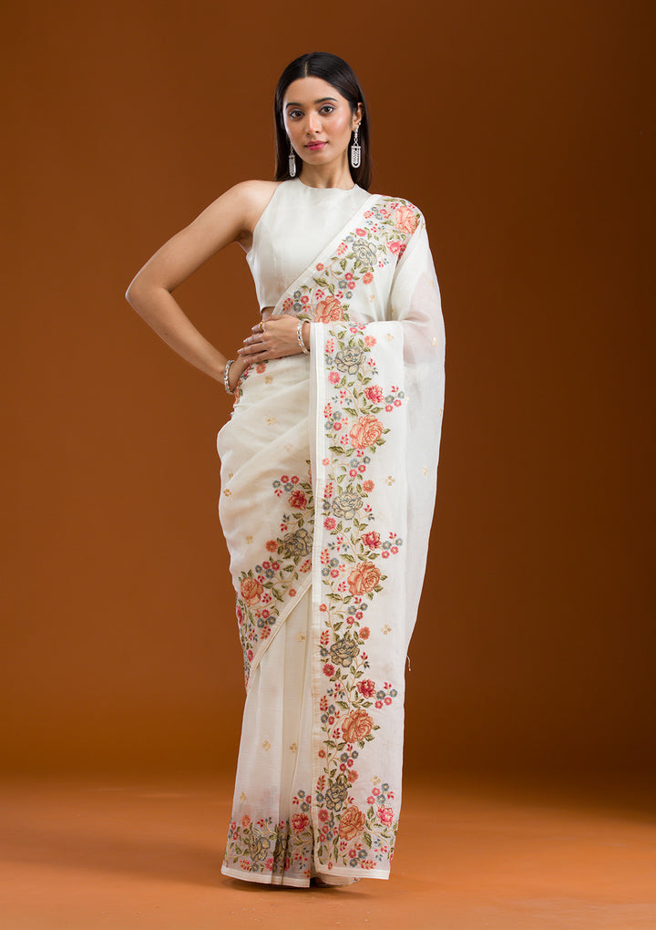 White Threadwork Tissue Saree