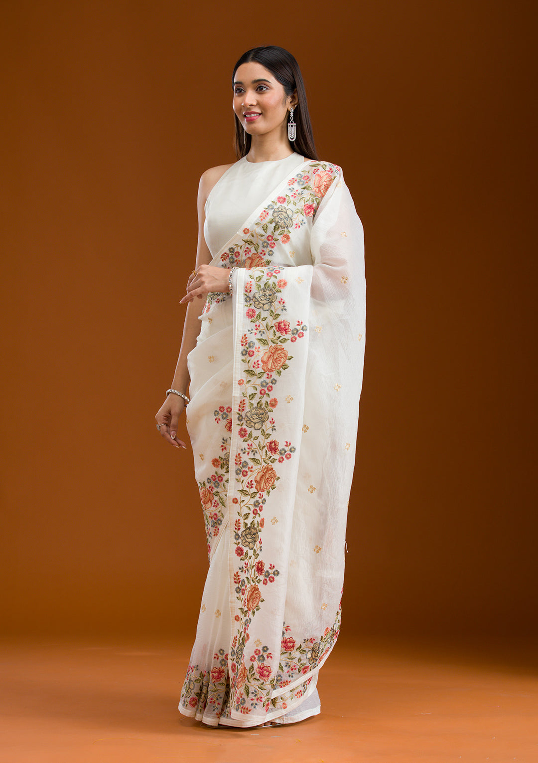 White Threadwork Tissue Saree