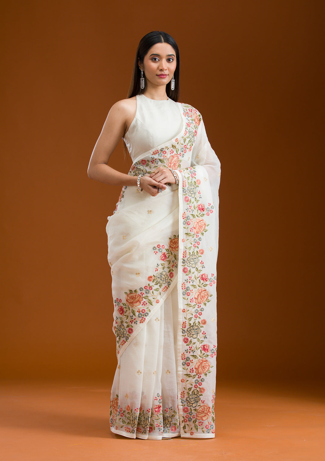 White Threadwork Tissue Saree