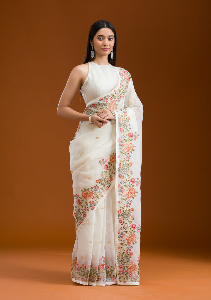 White Threadwork Tissue Saree