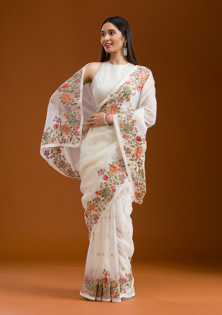 White Threadwork Tissue Saree