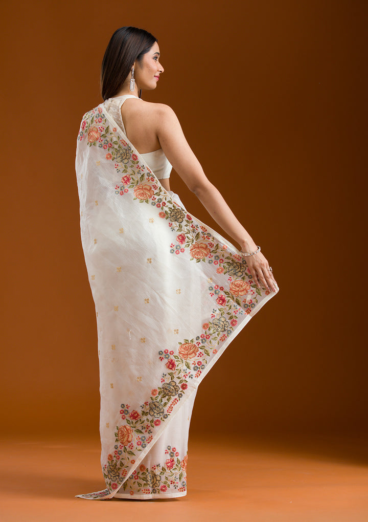 White Threadwork Tissue Saree