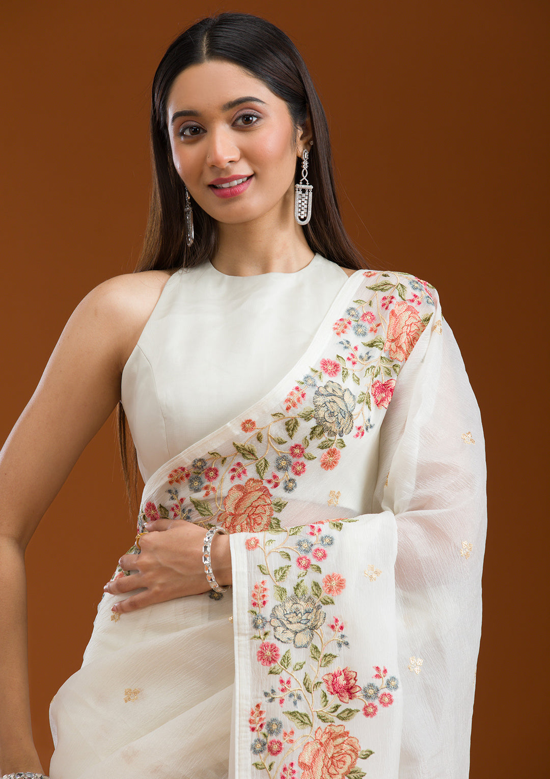 White Threadwork Tissue Saree