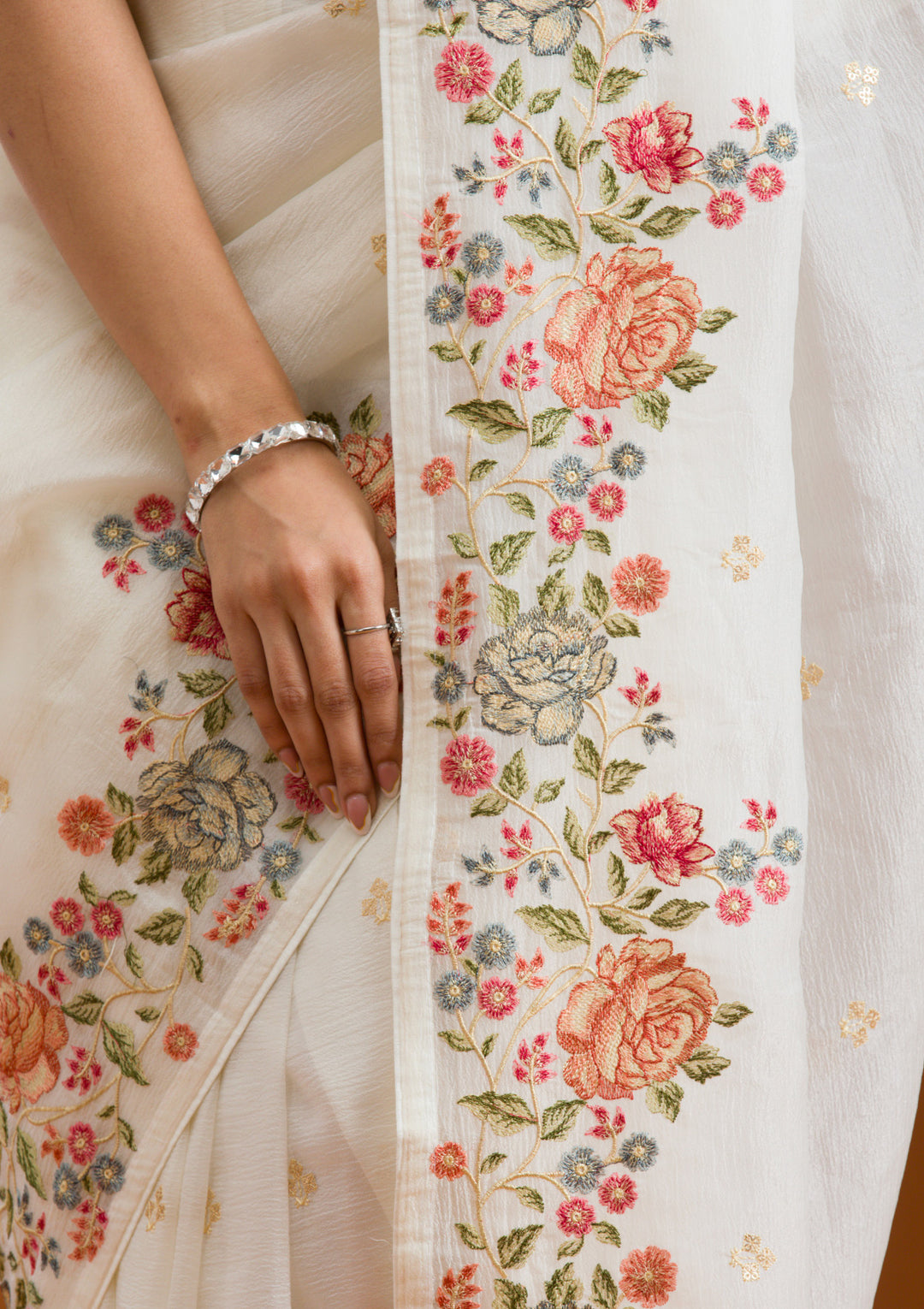 White Threadwork Tissue Saree