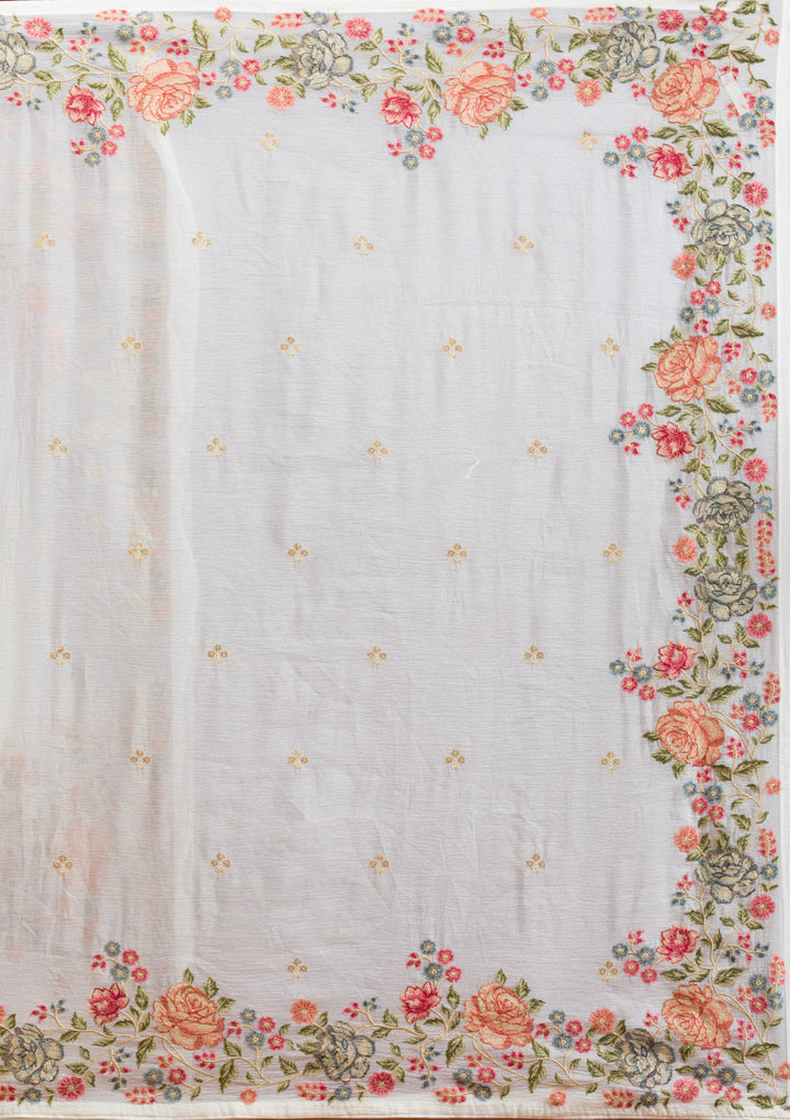 White Threadwork Tissue Saree