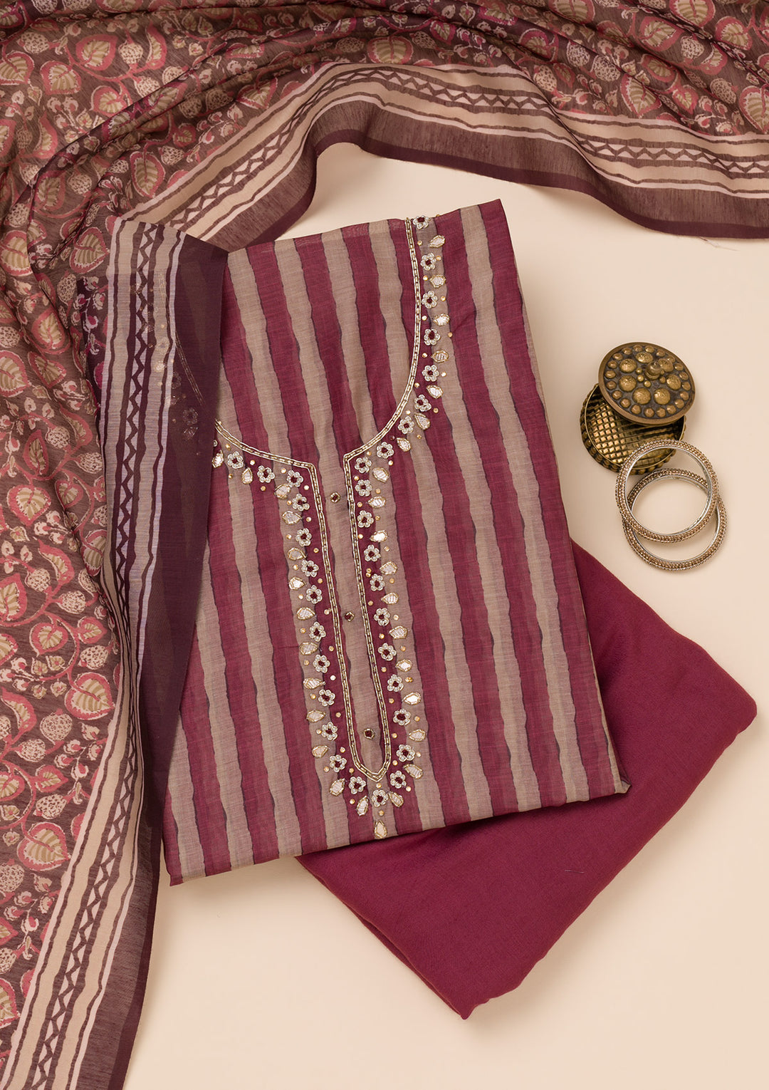 Wine Printed Tissue Unstitched Salwar Suit