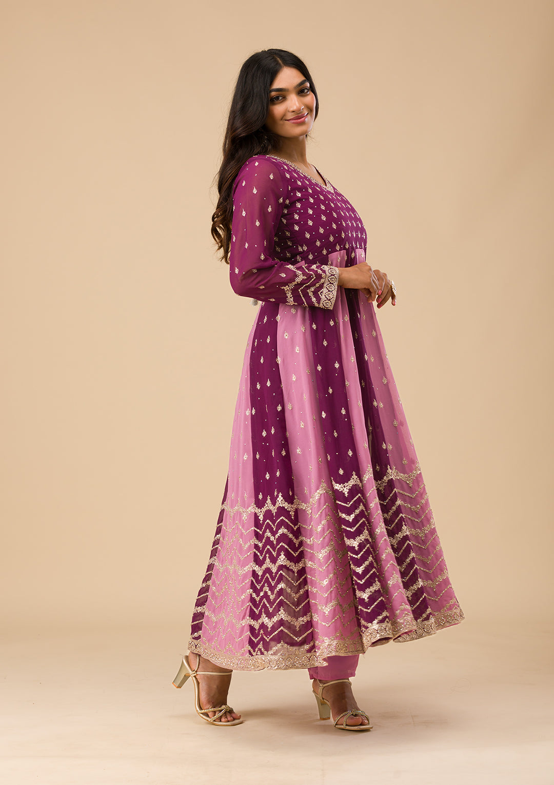 Wine Silver Zariwork Georgette Readymade Salwar Suit