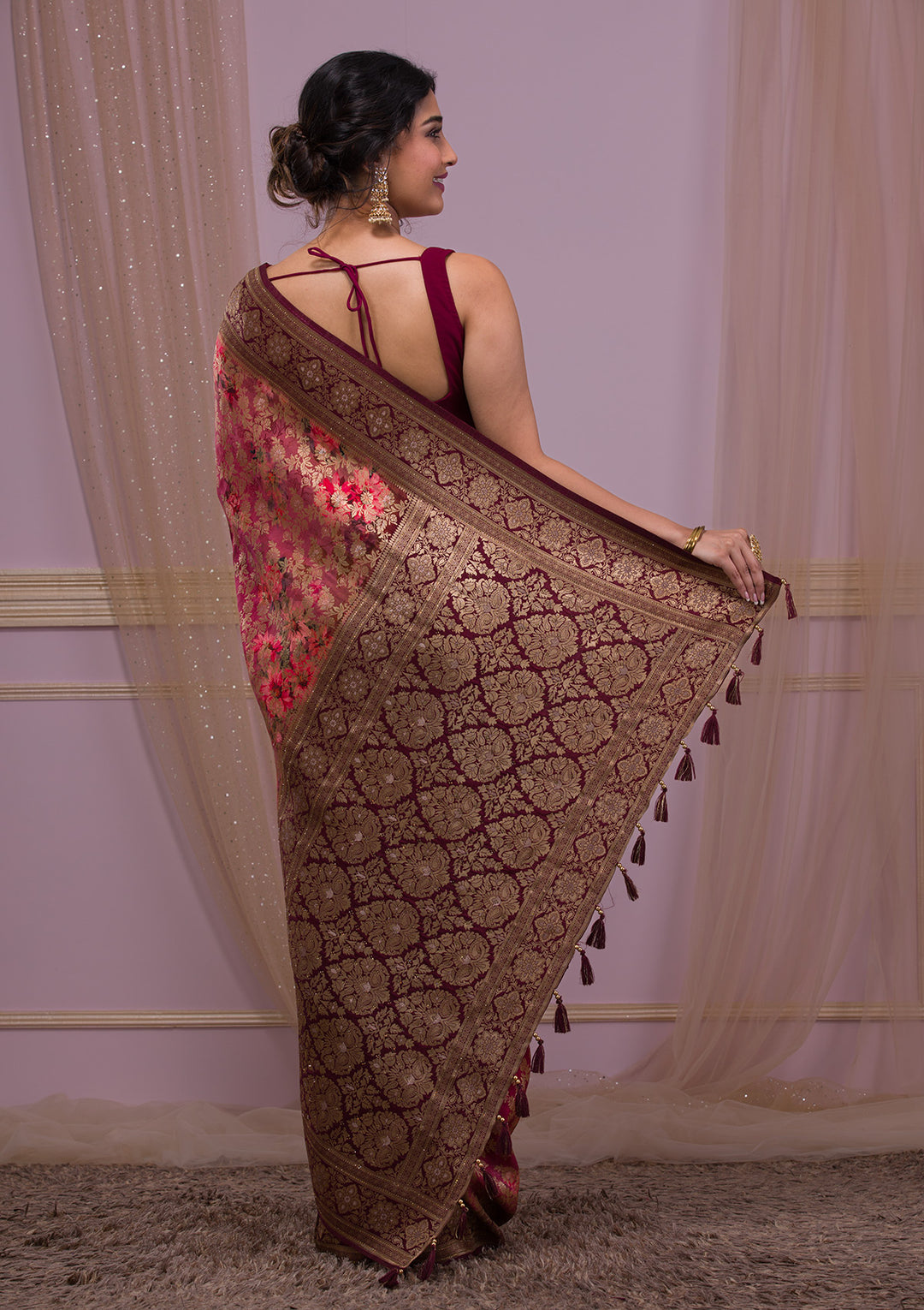 Wine Swarovski Banarasi Silk Saree