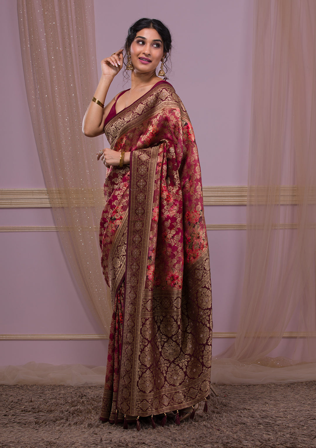 Wine Swarovski Banarasi Silk Saree
