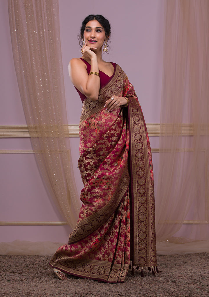 Wine Swarovski Banarasi Silk Saree