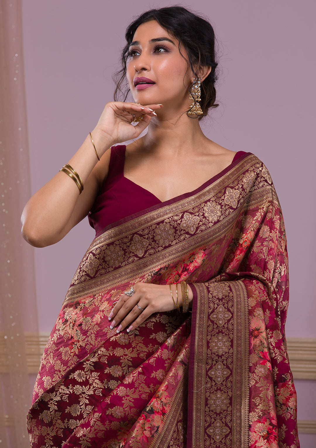 Wine Swarovski Banarasi Silk Saree