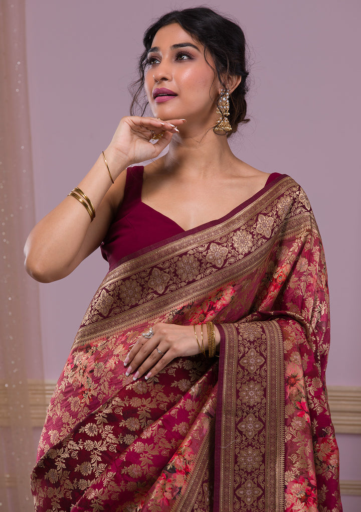 Wine Swarovski Banarasi Silk Saree