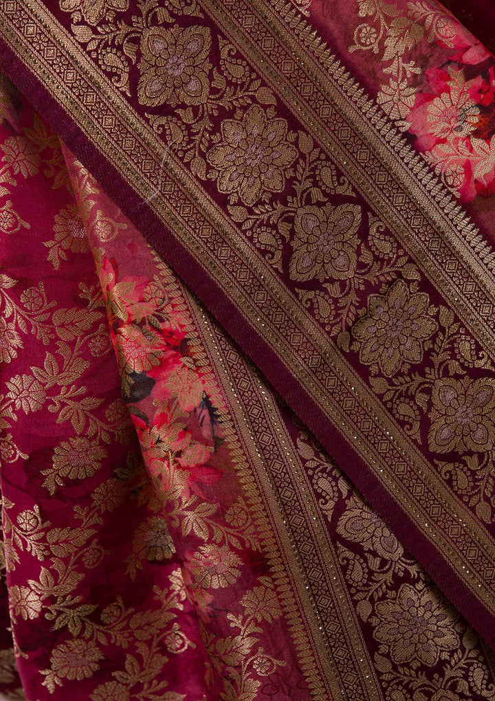 Wine Swarovski Banarasi Silk Saree