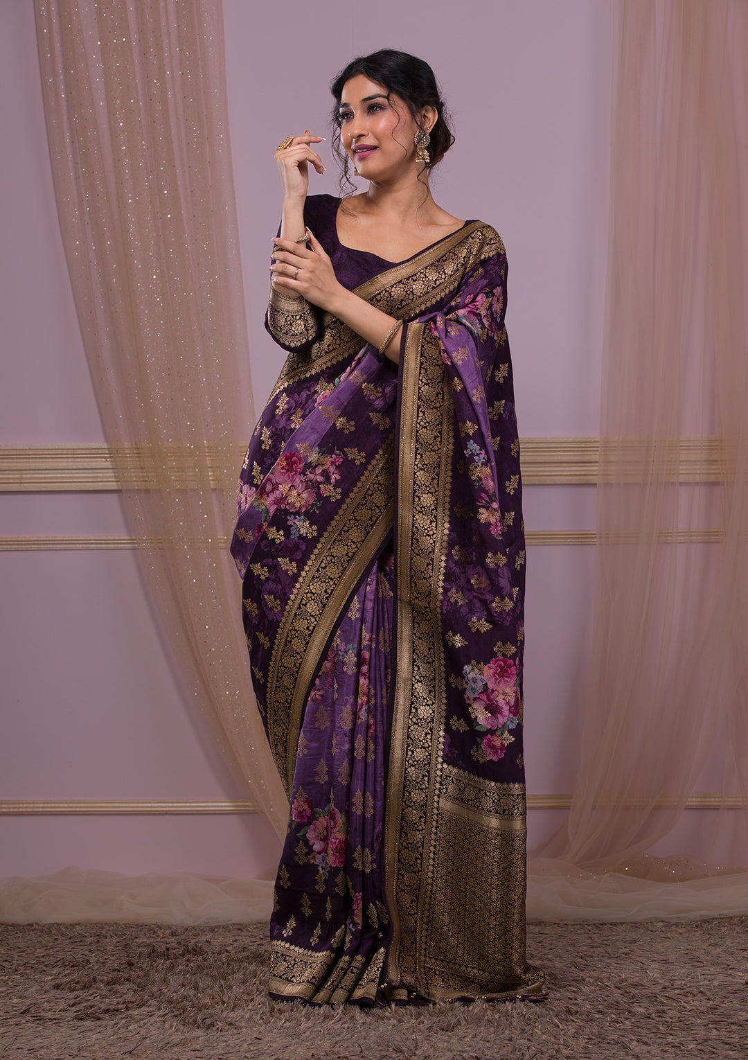 Wine Swarovski Banarasi Silk Saree-Koskii