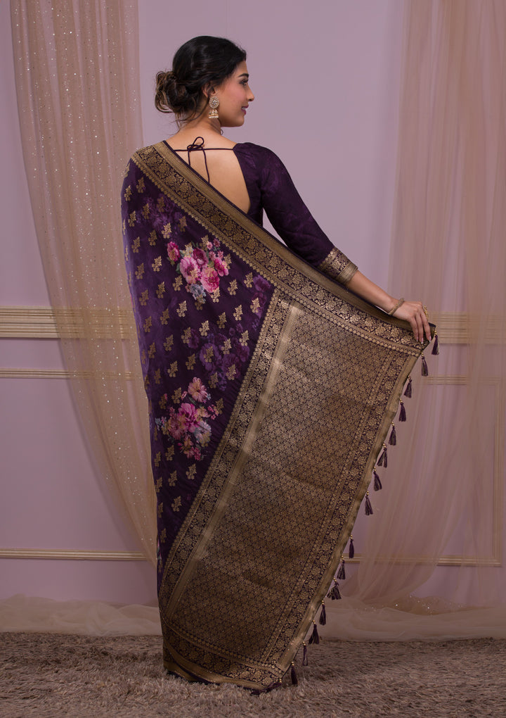 Wine Swarovski Banarasi Silk Saree