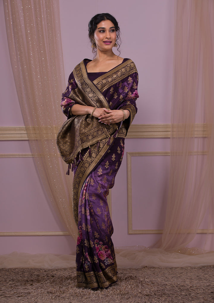 Wine Swarovski Banarasi Silk Saree